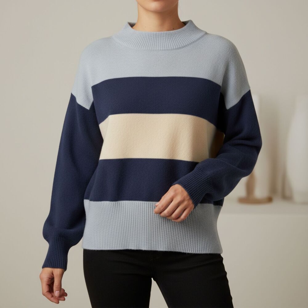 Lucky Brand Sweater Womens Medium Blue Striped Round Neck Long Sleeve Knit